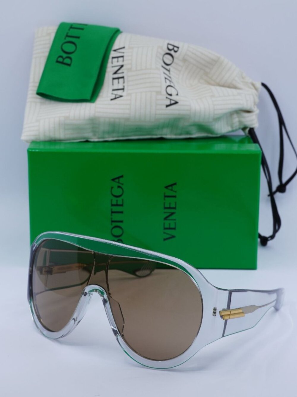 Bottega Veneta BV1345S 004 Shield Sunglasses - Transparent/Brown